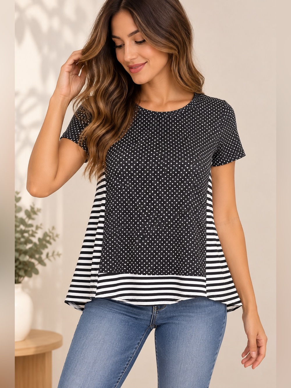 Lili’s Closet Blouse Women’s Size XS Black & White Polka Dot Striped S/S Top